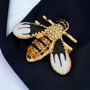 Crystal Rhinestone Bee Pin Insect Enamel Brooch Yellow & Black Statement Unisex